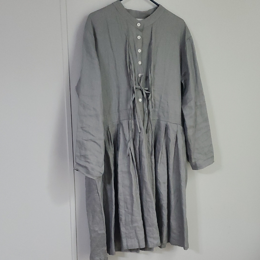 100% LINEN LIFE LINEN Mid Length Long Sleeve Dress w/pockets -Mid Length